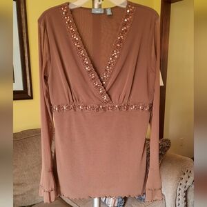 🆕️ Women's Apt 9 Mini Bell Bottom Semi Sheer Top with Ruffle Trim